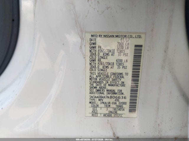 Продаж на аукціоні авто 2007 Infiniti Qx56, vin: 5N3AA08AX7N806636, номер лоту: 45738255