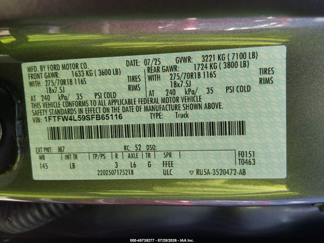 Aukcja sprzedaży 2025 Ford F-150 Tremor, vin: 1FTFW4L59SFB65116, numer aukcji: 45738277