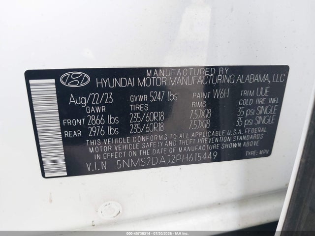 2023 Hyundai Santa Fe Sel მანქანა იყიდება აუქციონზე, vin: 5NMS2DAJ2PH615449, აუქციონის ნომერი: 45738314