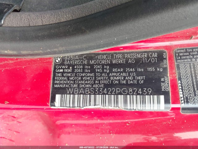 45738322 :رقم المزاد ، WBABS33422PG82439 vin ، 2002 Bmw 3 Series 325ci مزاد بيع