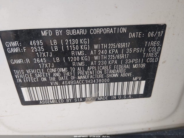 Продажа на аукционе авто 2017 Subaru Outback 2.5i Premium, vin: 4S4BSACC1H3438000, номер лота: 45738323