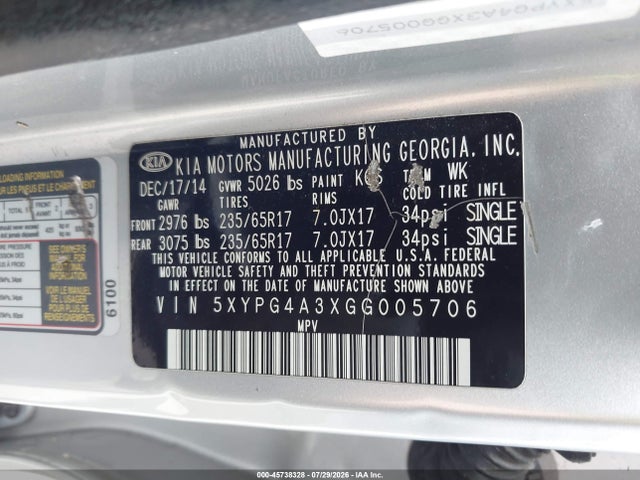 2016 Kia Sorento 2.4l L მანქანა იყიდება აუქციონზე, vin: 5XYPG4A3XGG005706, აუქციონის ნომერი: 45738328
