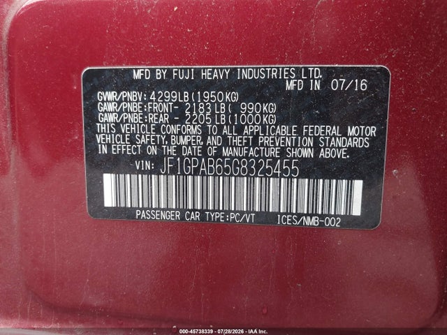 Продаж на аукціоні авто 2016 Subaru Impreza 2.0i Premium, vin: JF1GPAB65G8325455, номер лоту: 45738339