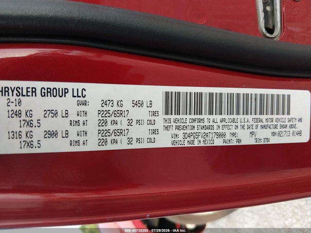2010 Dodge Journey Sxt მანქანა იყიდება აუქციონზე, vin: 3D4PG5FV2AT179000, აუქციონის ნომერი: 45738355