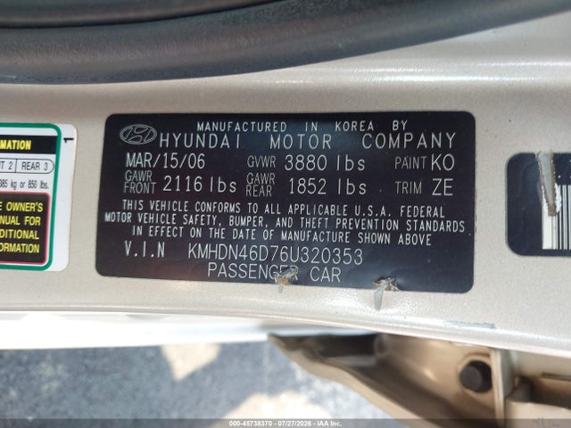 45738370 :رقم المزاد ، KMHDN46D76U320353 vin ، 2006 Hyundai Elantra Gls/limited مزاد بيع