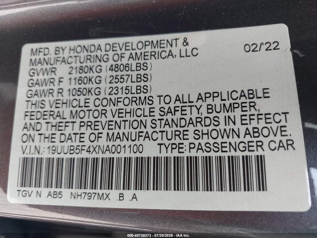 Продажа на аукционе авто 2022 Acura Tlx Technology Package, vin: 19UUB5F4XNA001100, номер лота: 45738373