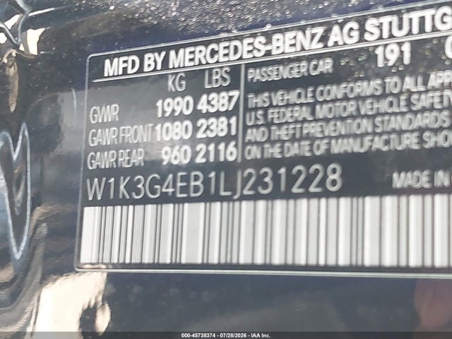 45738374 :رقم المزاد ، W1K3G4EB1LJ231228 vin ، 2020 Mercedes-benz A 220 مزاد بيع