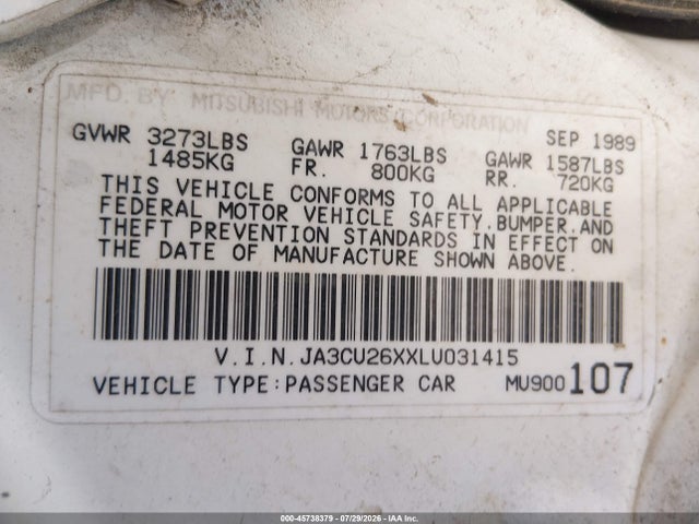 Auction sale of the 1990 Mitsubishi Mirage, vin: JA3CU26XXLU031415, lot number: 45738379