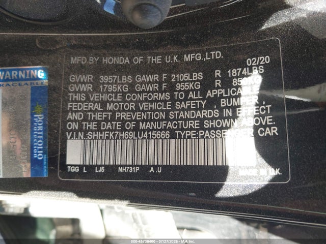 Honda CIVIC EX 2020 SHHFK7H69LU415666 Image 9