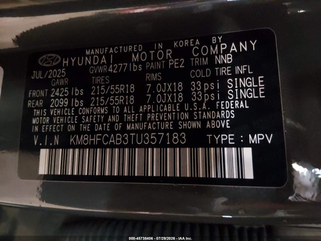45738406 :رقم المزاد ، KM8HFCAB3TU357183 vin ، 2026 Hyundai Kona Sel Sport مزاد بيع