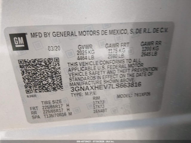 Aukcja sprzedaży 2020 Chevrolet Equinox Fwd Ls, vin: 3GNAXHEV7LS663816, numer aukcji: 45738421