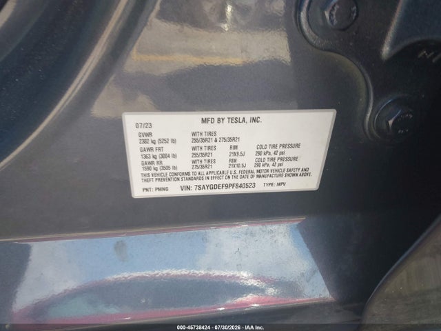 45738424 :رقم المزاد ، 7SAYGDEF9PF840523 vin ، 2023 Tesla Model Y Performance Dual Motor All-wheel Drive مزاد بيع