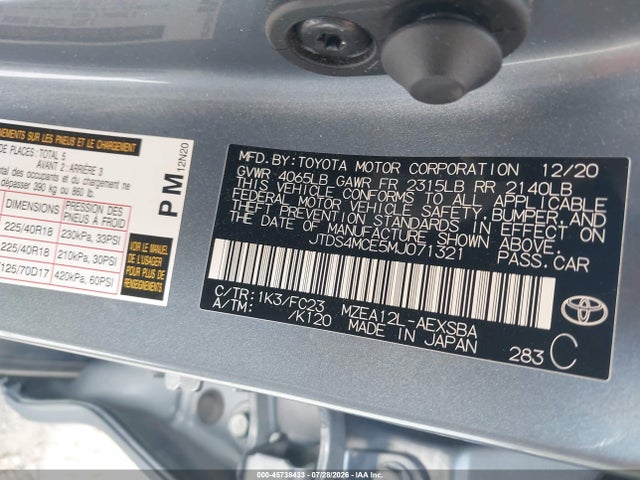 Aukcja sprzedaży 2021 Toyota Corolla Se, vin: JTDS4MCE5MJ071321, numer aukcji: 45738433