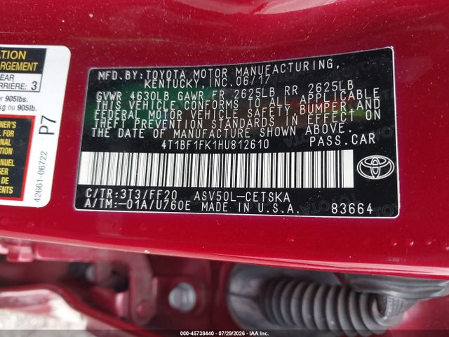 Продажа на аукционе авто 2017 Toyota Camry Se, vin: 4T1BF1FK1HU812610, номер лота: 45738440
