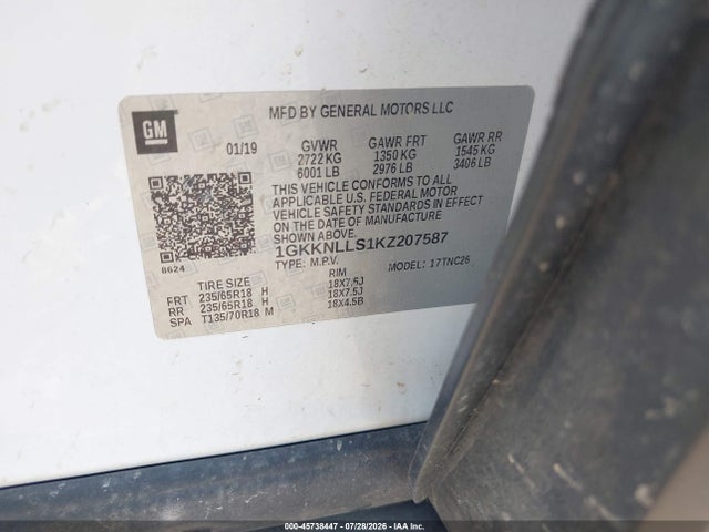 45738447 :رقم المزاد ، 1GKKNLLS1KZ207587 vin ، 2019 Gmc Acadia Sle-2 مزاد بيع