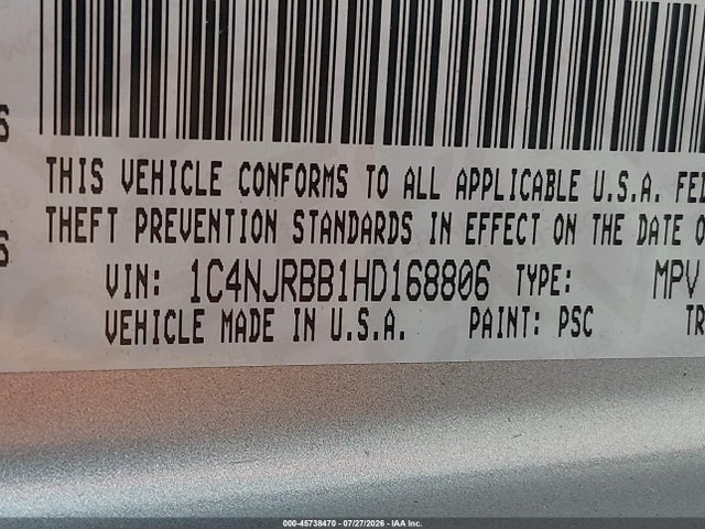 Aukcja sprzedaży 2017 Jeep Patriot Sport, vin: 1C4NJRBB1HD168806, numer aukcji: 45738470