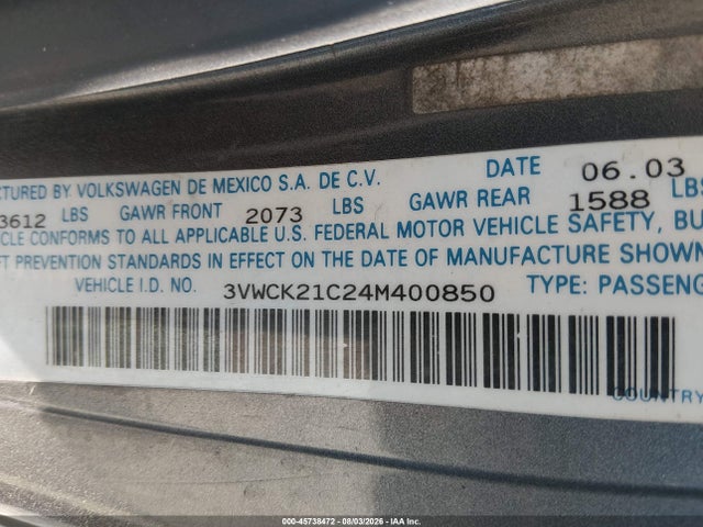 45738472 :رقم المزاد ، 3VWCK21C24M400850 vin ، 2004 Volkswagen New Beetle Gls 2.0l مزاد بيع