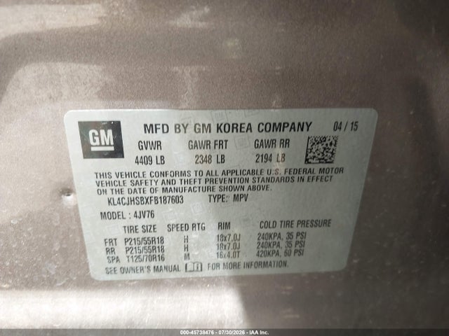 45738476 :رقم المزاد ، KL4CJHSBXFB187603 vin ، 2015 Buick Encore Premium مزاد بيع