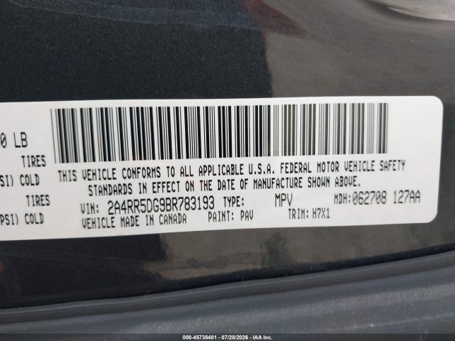 2011 Chrysler Town & Country Touring მანქანა იყიდება აუქციონზე, vin: 2A4RR5DG9BR783193, აუქციონის ნომერი: 45738481