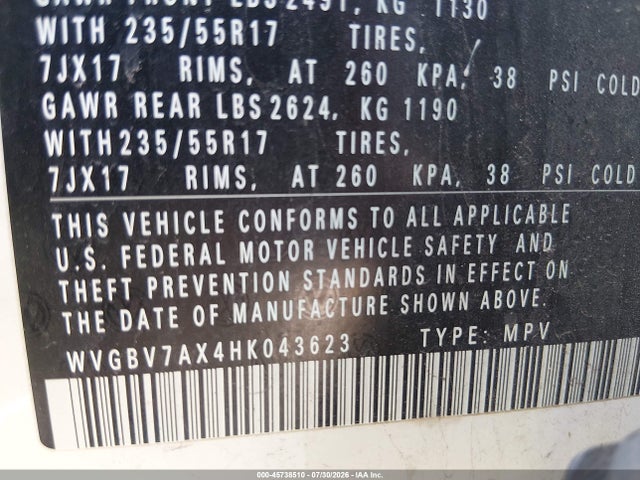 Aukcja sprzedaży 2017 Volkswagen Tiguan 2.0t/2.0t S, vin: WVGBV7AX4HK043623, numer aukcji: 45738510