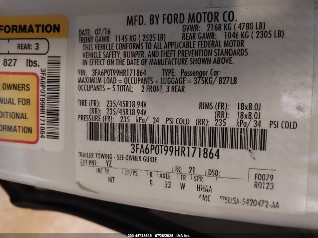 Продажа на аукционе авто 2017 Ford Fusion Se, vin: 3FA6P0T99HR171864, номер лота: 45738519