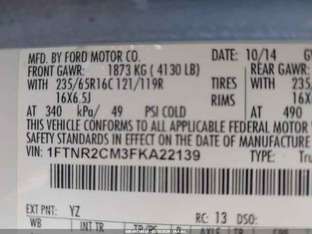 45738525 :رقم المزاد ، 1FTNR2CM3FKA22139 vin ، 2015 Ford Transit-250 مزاد بيع