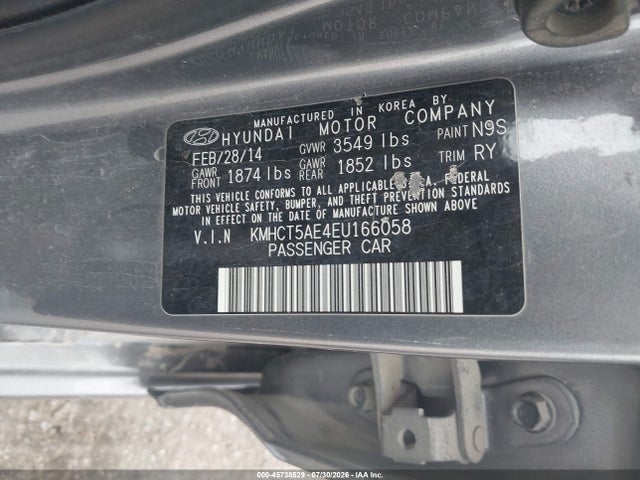 45738529 :رقم المزاد ، KMHCT5AE4EU166058 vin ، 2014 Hyundai Accent Gs مزاد بيع