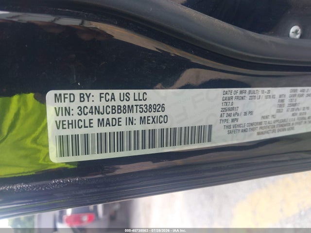 45738563 :رقم المزاد ، 3C4NJCBB8MT538926 vin ، 2021 Jeep Compass Latitude Fwd مزاد بيع