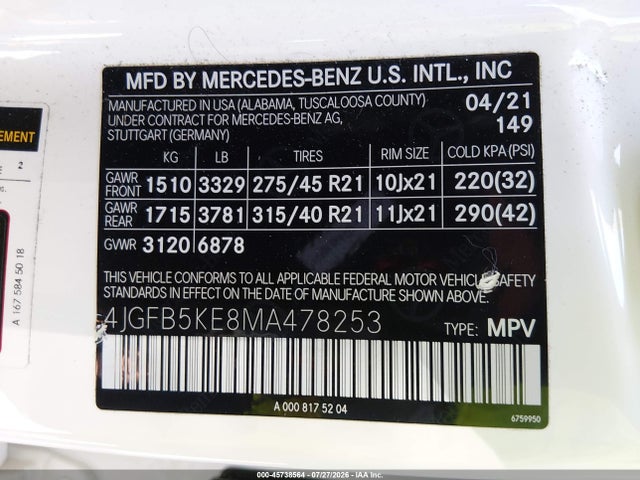 2021 Mercedes-benz Gle 450 4matic მანქანა იყიდება აუქციონზე, vin: 4JGFB5KE8MA478253, აუქციონის ნომერი: 45738564