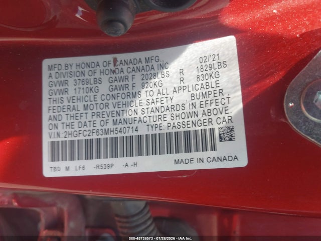 Aukcja sprzedaży 2021 Honda Civic Lx, vin: 2HGFC2F63MH540714, numer aukcji: 45738573