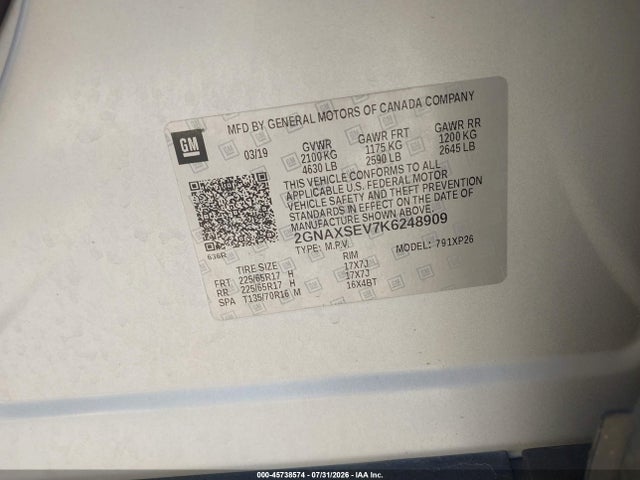 Продаж на аукціоні авто 2019 Chevrolet Equinox Ls, vin: 2GNAXSEV7K6248909, номер лоту: 45738574