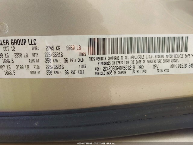 Aukcja sprzedaży 2013 Dodge Grand Caravan Sxt, vin: 2C4RDGCG4DR581219, numer aukcji: 45738592