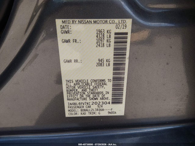 Aukcja sprzedaży 2019 Nissan Altima 2.5 Platinum, vin: 1N4BL4FV7KC202304, numer aukcji: 45738595