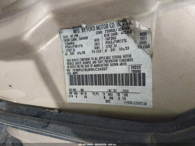45738605 :رقم المزاد ، 1FMPU18L8WLC24207 vin ، 1998 Ford Expedition Eddie Bauer/xlt مزاد بيع
