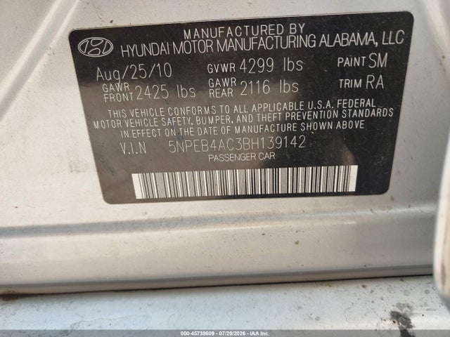 2011 Hyundai Sonata Gls მანქანა იყიდება აუქციონზე, vin: 5NPEB4AC3BH139142, აუქციონის ნომერი: 45738609