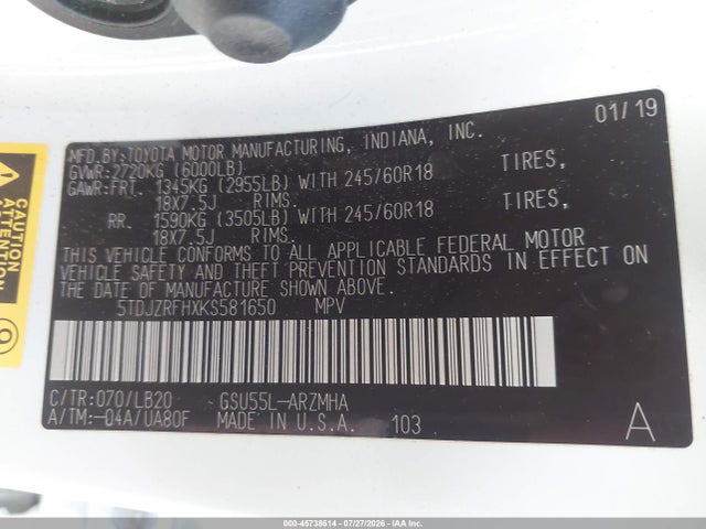 5TDJZRFHXKS581650 Toyota Highlander Xle