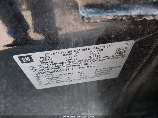 Продажа на аукционе авто 2013 Gmc Terrain Sle-1, vin: 2GKALMEK1D6398267, номер лота: 45738636