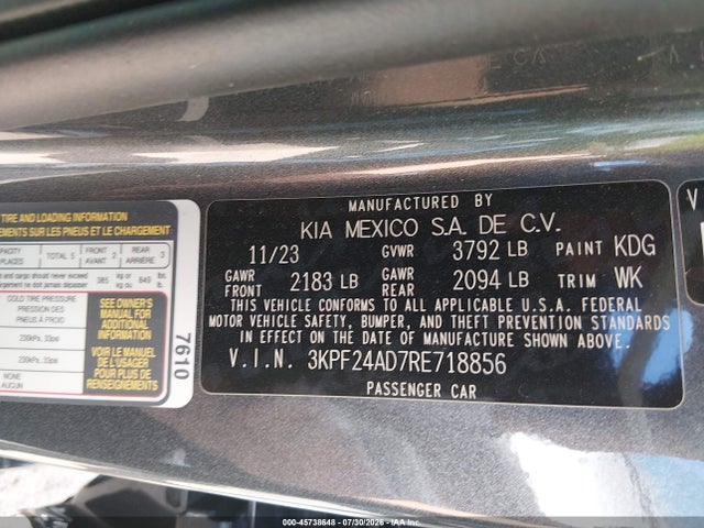 45738648 :رقم المزاد ، 3KPF24AD7RE718856 vin ، 2024 Kia Forte Lxs مزاد بيع