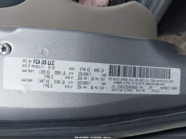 45738653 :رقم المزاد ، 2C4RDGCG5KR696568 vin ، 2019 Dodge Grand Caravan Sxt مزاد بيع