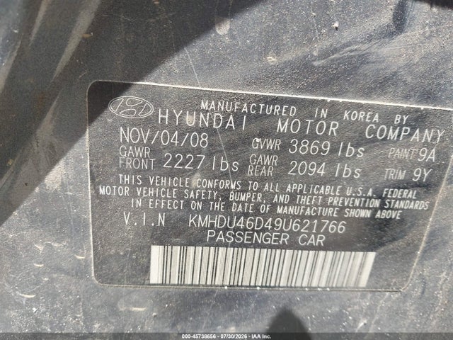 Aukcja sprzedaży 2009 Hyundai Elantra Se, vin: KMHDU46D49U621766, numer aukcji: 45738656