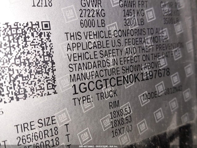 2019 Chevrolet Colorado Lt მანქანა იყიდება აუქციონზე, vin: 1GCGTCEN0K1197678, აუქციონის ნომერი: 45738662