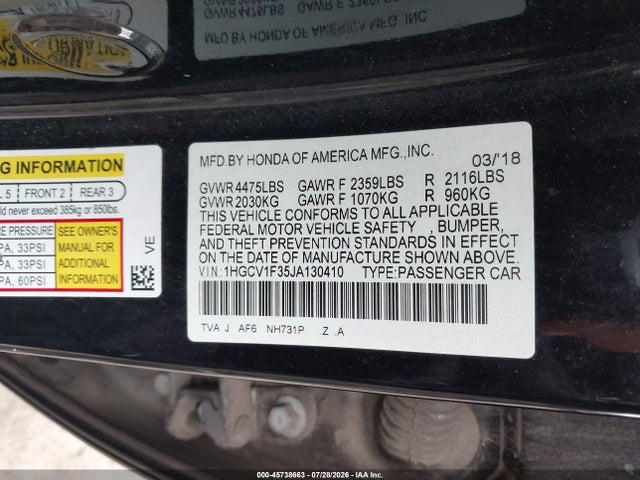 Aukcja sprzedaży 2018 Honda Accord Sport, vin: 1HGCV1F35JA130410, numer aukcji: 45738663