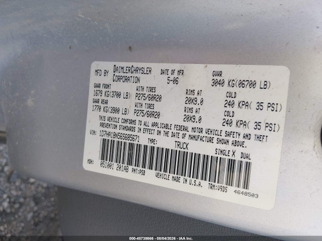 Продаж на аукціоні авто 2006 Dodge Ram 1500 Slt, vin: 1D7HA18N56S685671, номер лоту: 45738666