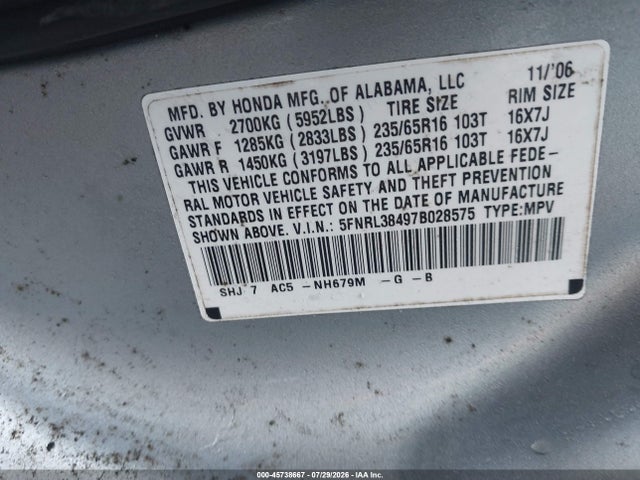 Aukcja sprzedaży 2007 Honda Odyssey Ex, vin: 5FNRL38497B028575, numer aukcji: 45738667
