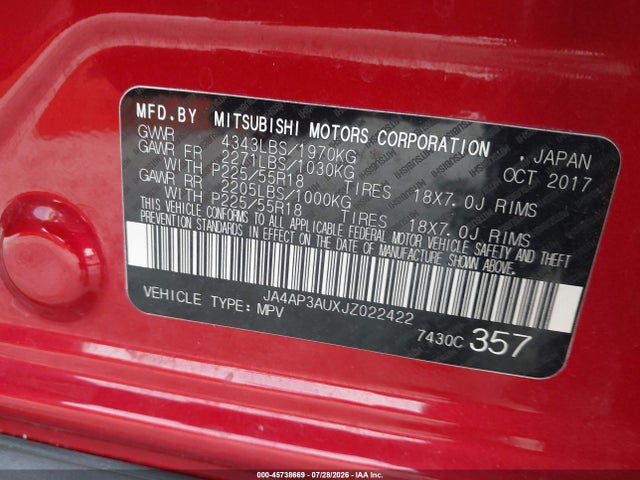 2018 Mitsubishi Outlander Sport 2.0 Le მანქანა იყიდება აუქციონზე, vin: JA4AP3AUXJZ022422, აუქციონის ნომერი: 45738669