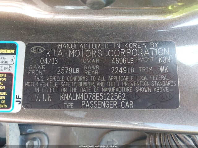 45738680 :رقم المزاد ، KNALN4D78E5122562 vin ، 2014 Kia Cadenza Premium مزاد بيع