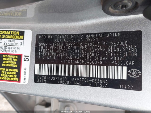 Продаж на аукціоні авто 2021 Toyota Camry Le, vin: 4T1C11AK3MU466029, номер лоту: 45738684