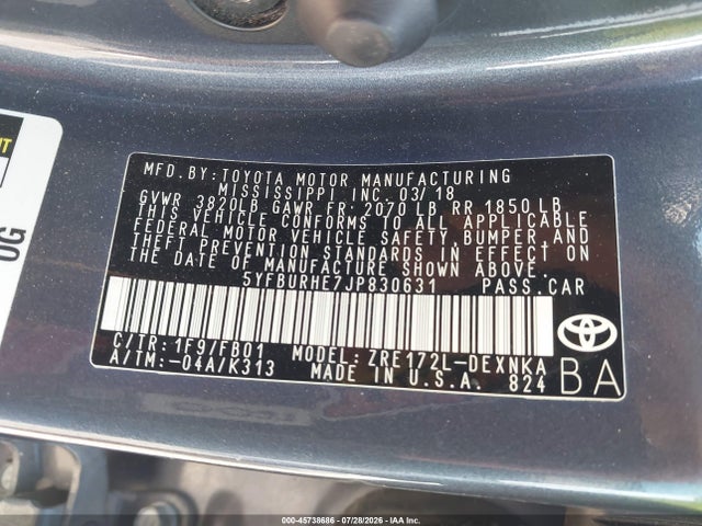 2018 Toyota Corolla Le მანქანა იყიდება აუქციონზე, vin: 5YFBURHE7JP830631, აუქციონის ნომერი: 45738686