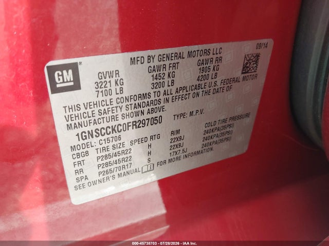 Продаж на аукціоні авто 2015 Chevrolet Tahoe Ltz, vin: 1GNSCCKC0FR297050, номер лоту: 45738703