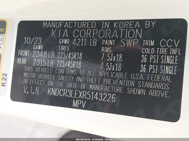 Продажа на аукционе авто 2024 Kia Niro Ex Touring, vin: KNDCR3LEXR5143226, номер лота: 45738705